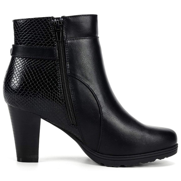 Mixed Snake- Black Bootie Chunky Heel Buckle Strap Ankle - Picture 5 of 11